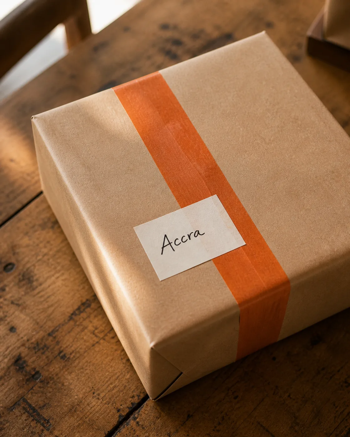 A brown paper parcel taped with an orange stripe, labelled Accra by hand