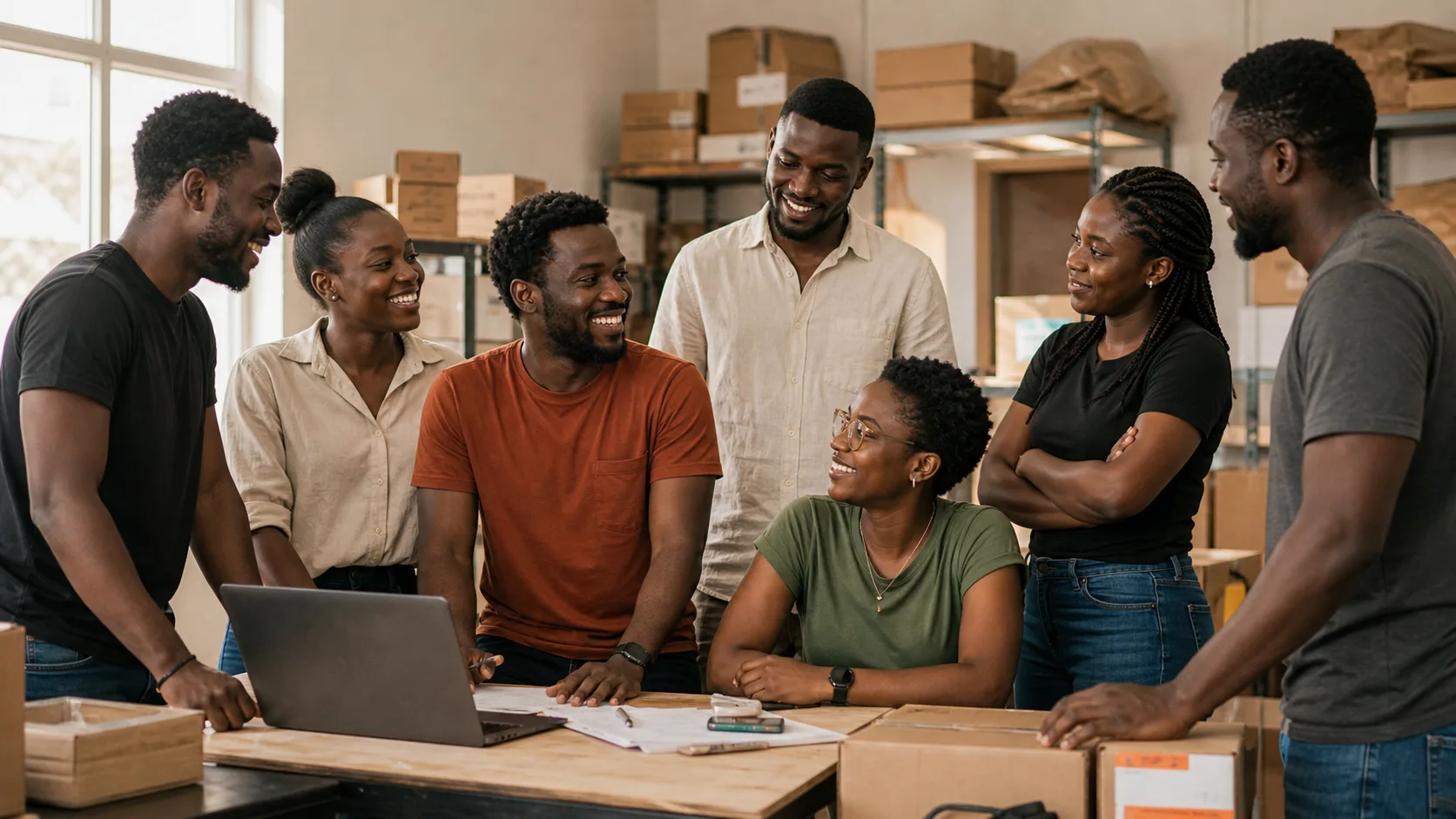 Seven members of the Golly team around a packing bench in the warehouse, with stacked boxes on the shelves behind them