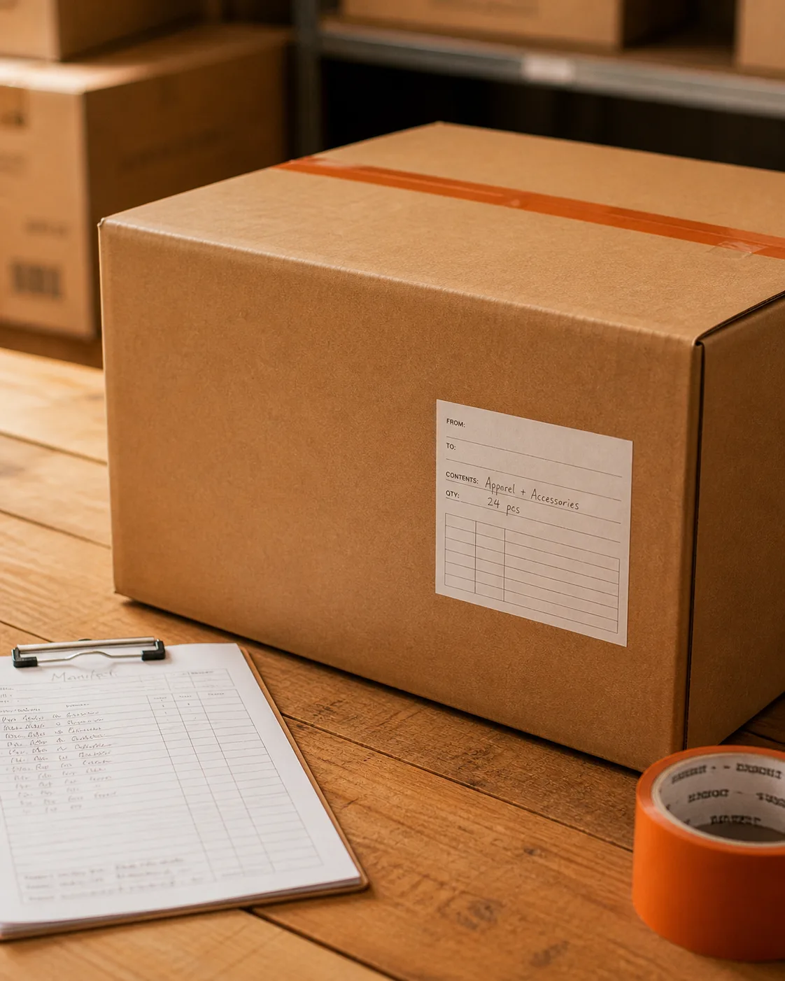 A taped carton labelled with its contents and quantity, beside a handwritten manifest on a clipboard