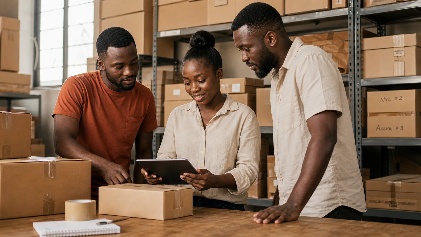 Three people in a stockroom checking a tablet, with boxes labelled by destination on the shelves behind them