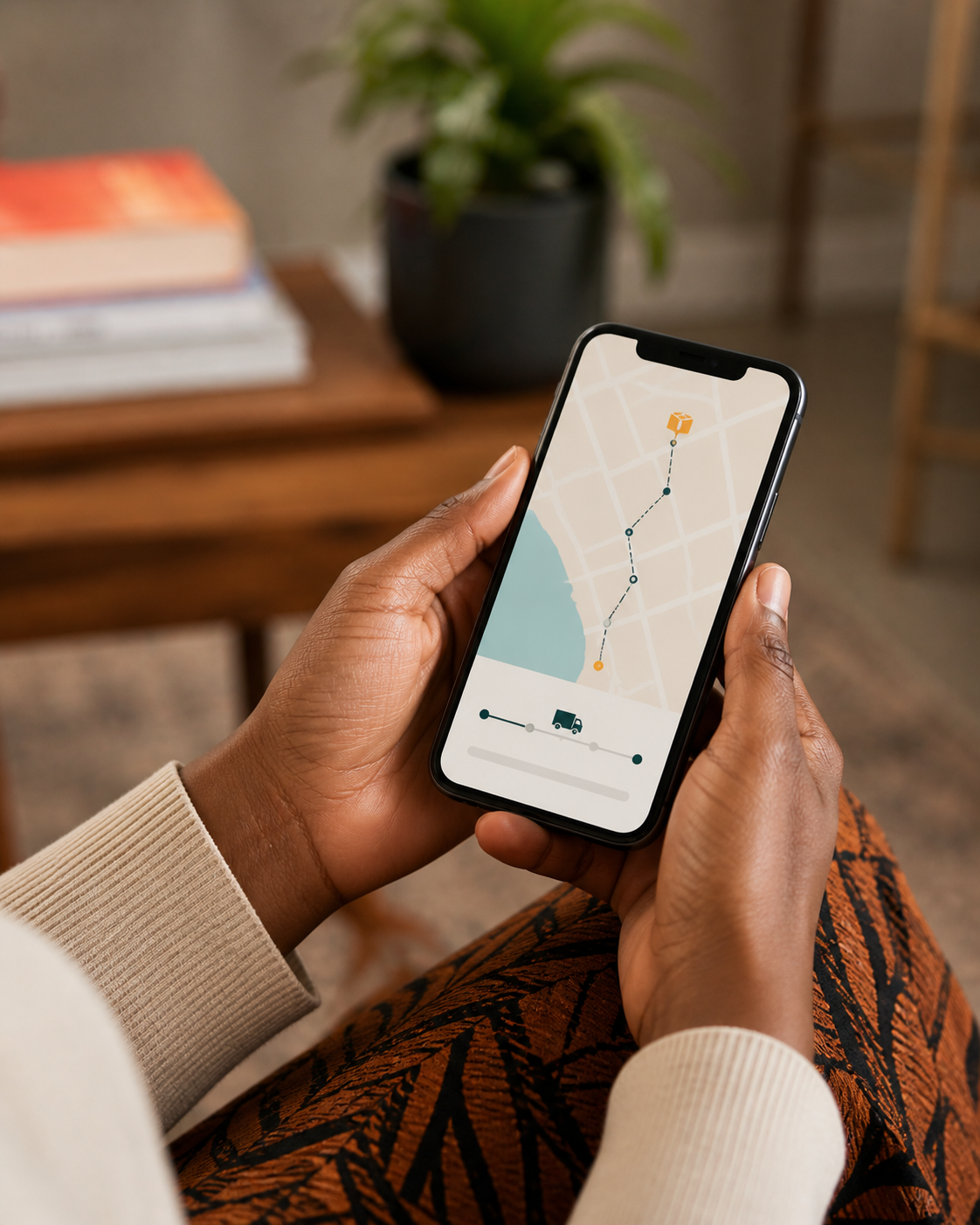 Hands holding a phone showing a delivery tracking map